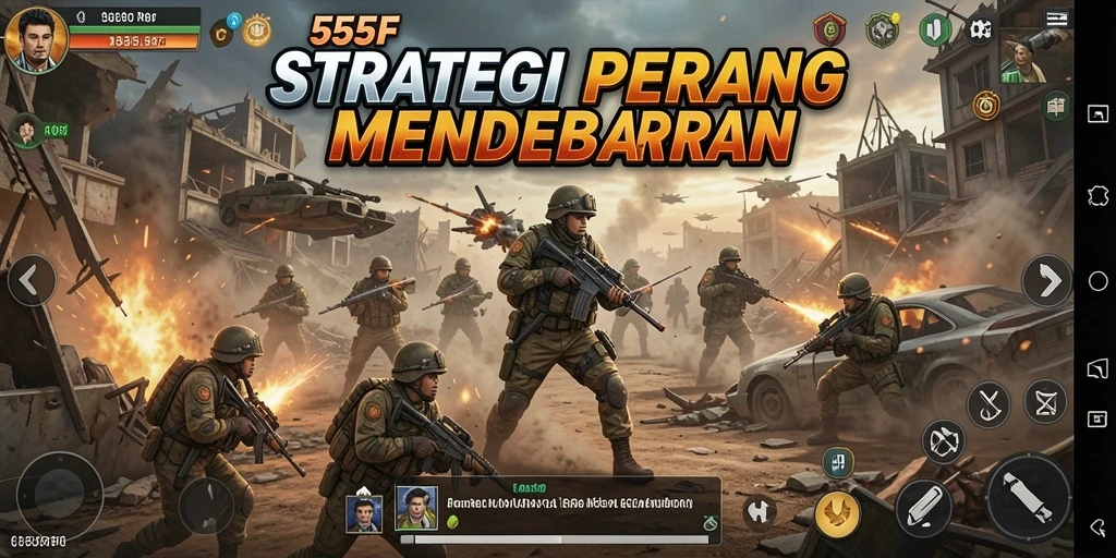 Screenshot dari gameplay menarik 555F menampilkan strategi pertempuran.