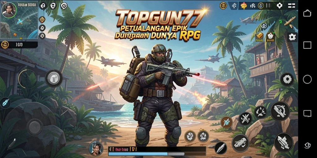 Screenshot utama dari gameplay RPG TOPGUN77 yang menampilkan pertempuran epik.