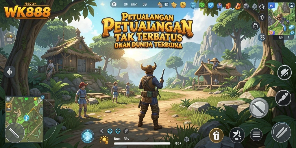 Tangkapan layar utama WK888 menampilkan petualangan di dunia terbuka yang indah.